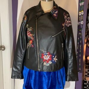 Christina black leather moto jacket with flower embroidery size 10